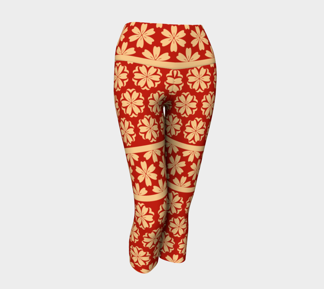 Japanese Style Floral Motif Kimono Pattern red gold Yoga Capris