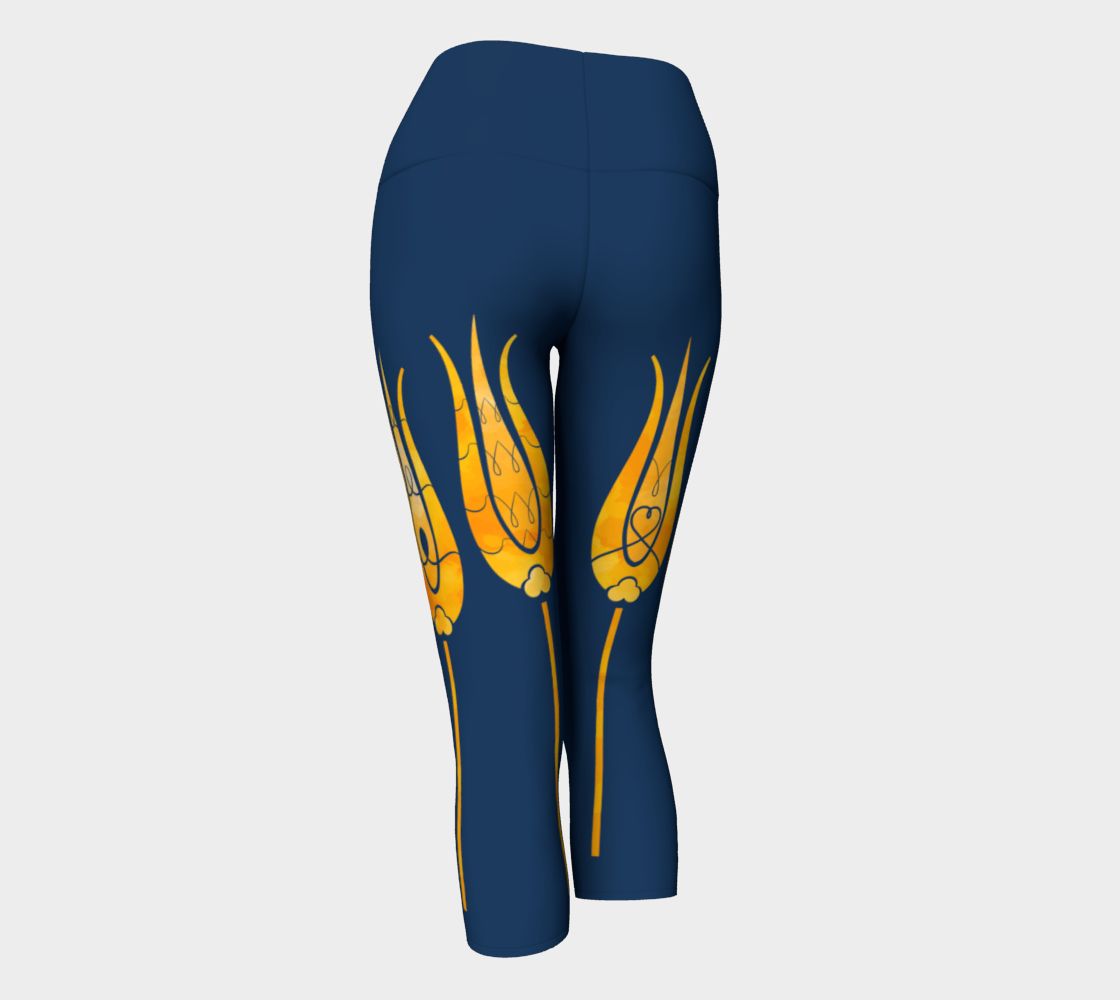 Traditional Decorative Turkish Art Golden Tulips Textured Flowers Blue Yoga Capris back view