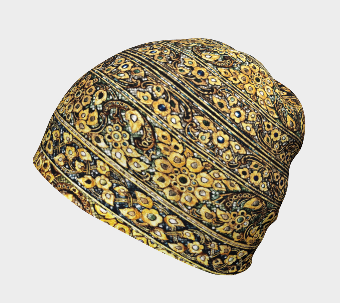 Antique Oriental Luxurious Glided Inlay floral Pattern  Beanie right side view