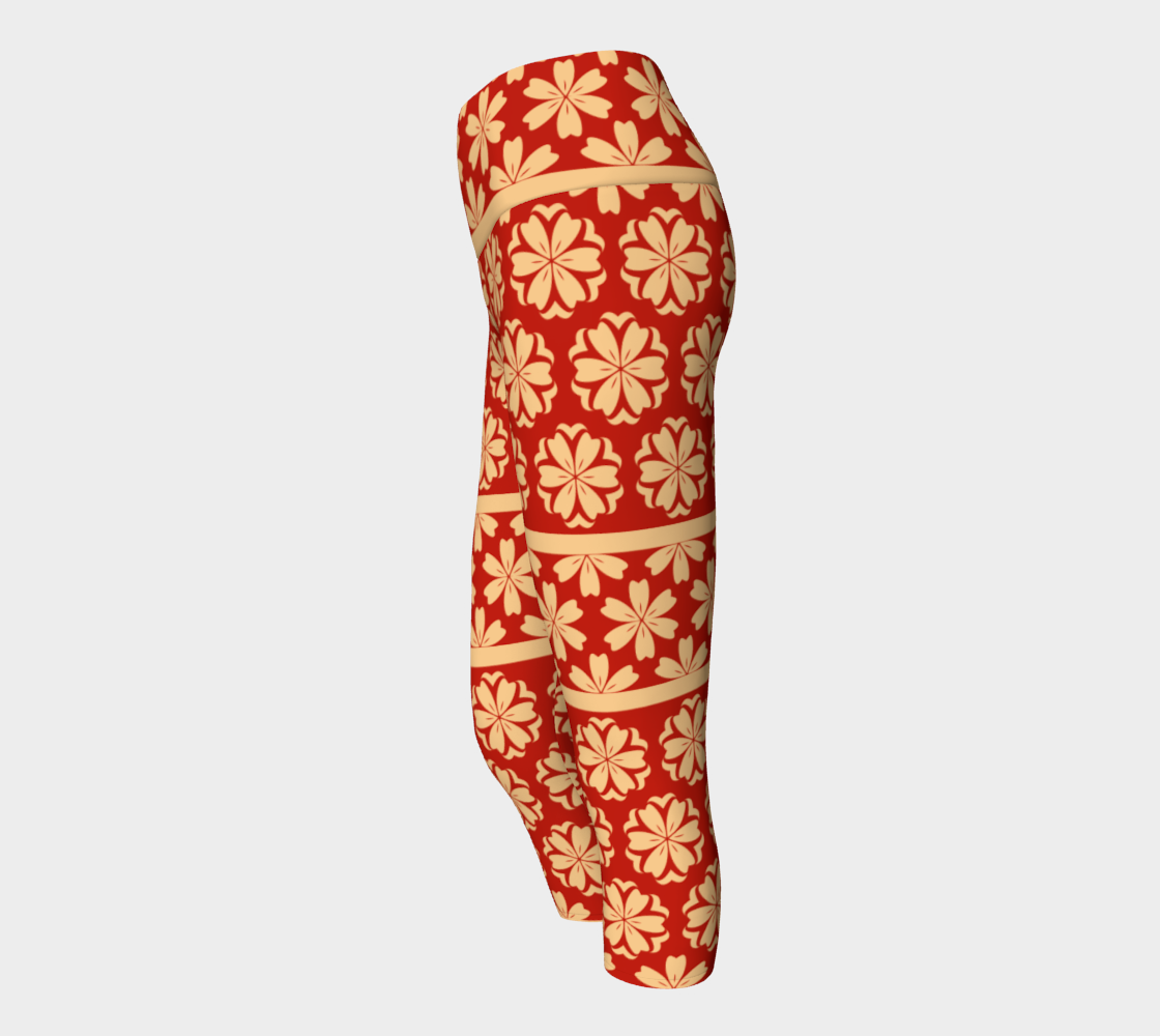 Japanese Style Floral Motif Kimono Pattern red gold Yoga Capris side view