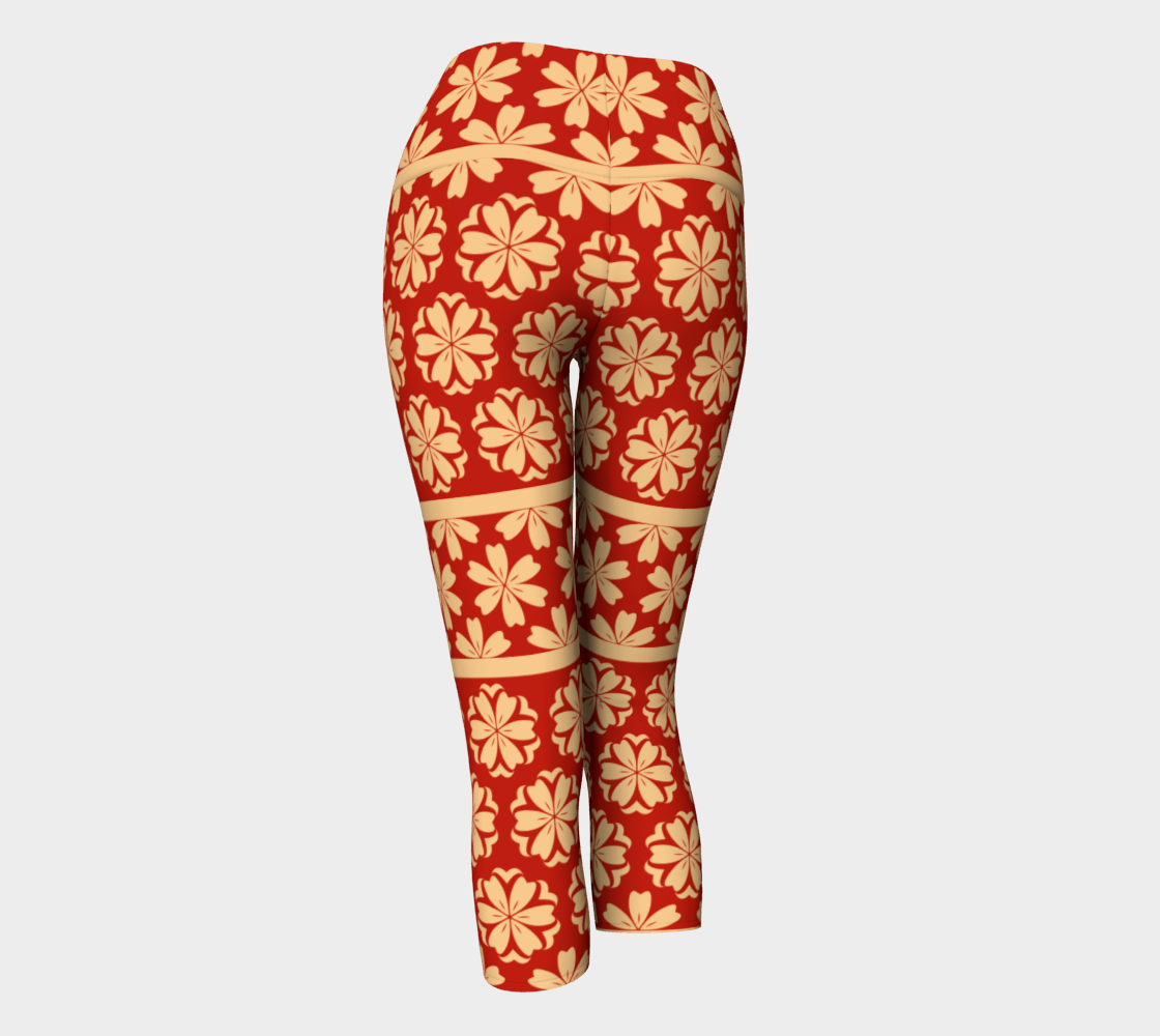Japanese Style Floral Motif Kimono Pattern red gold Yoga Capris back view