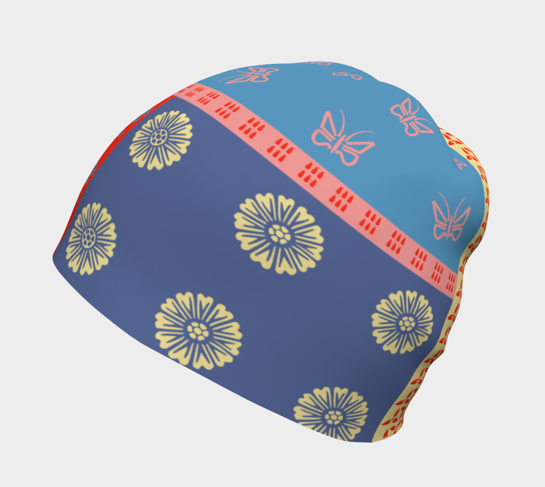 Japanese Butterflies Flowers Motif Shibori Patchwork  Beanie right side view