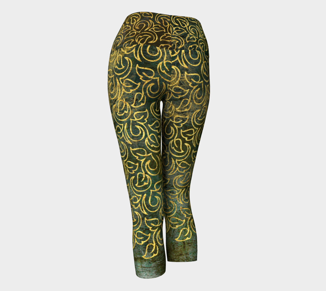 Classic Shabby-chic Damask Golden Leaves Pattern Yoga Capris back view