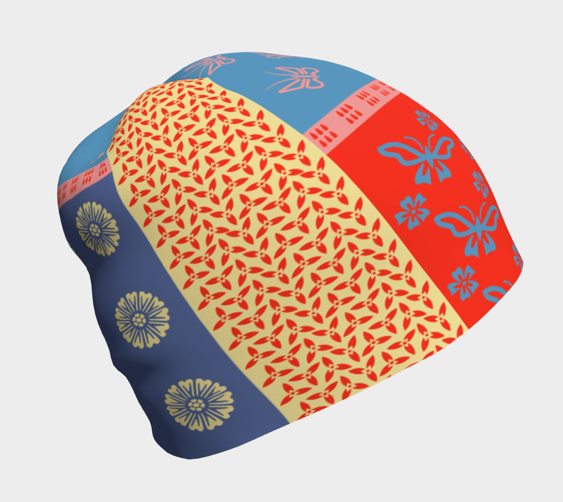 Japanese Butterflies Flowers Motif Shibori Patchwork  Beanie left side view