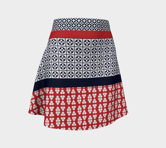 Japanese Style Ethnic Quilt Blue and Red  Flare Skirt front view