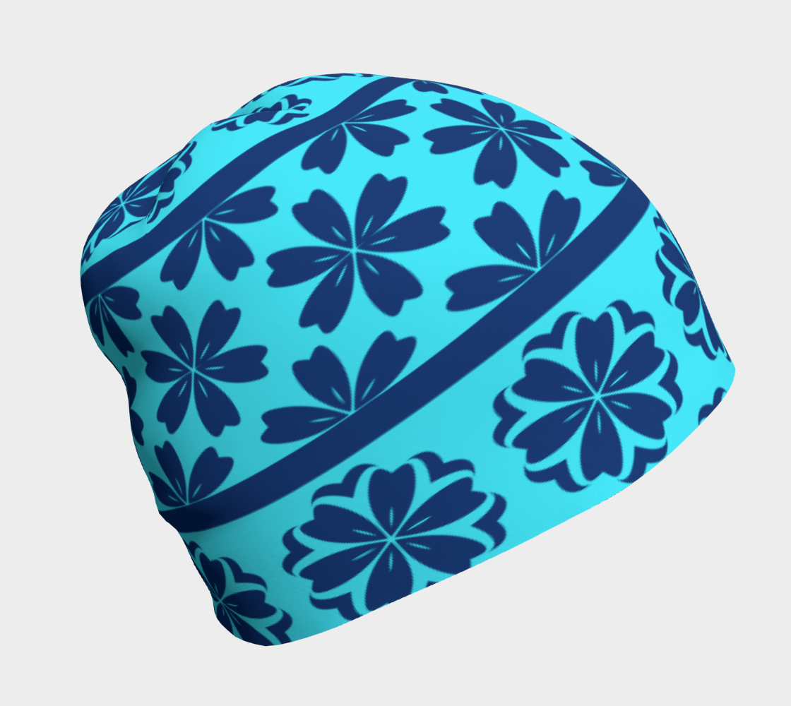 Japanese Style Floral Motif Kimono Pattern blue Beanie left side view