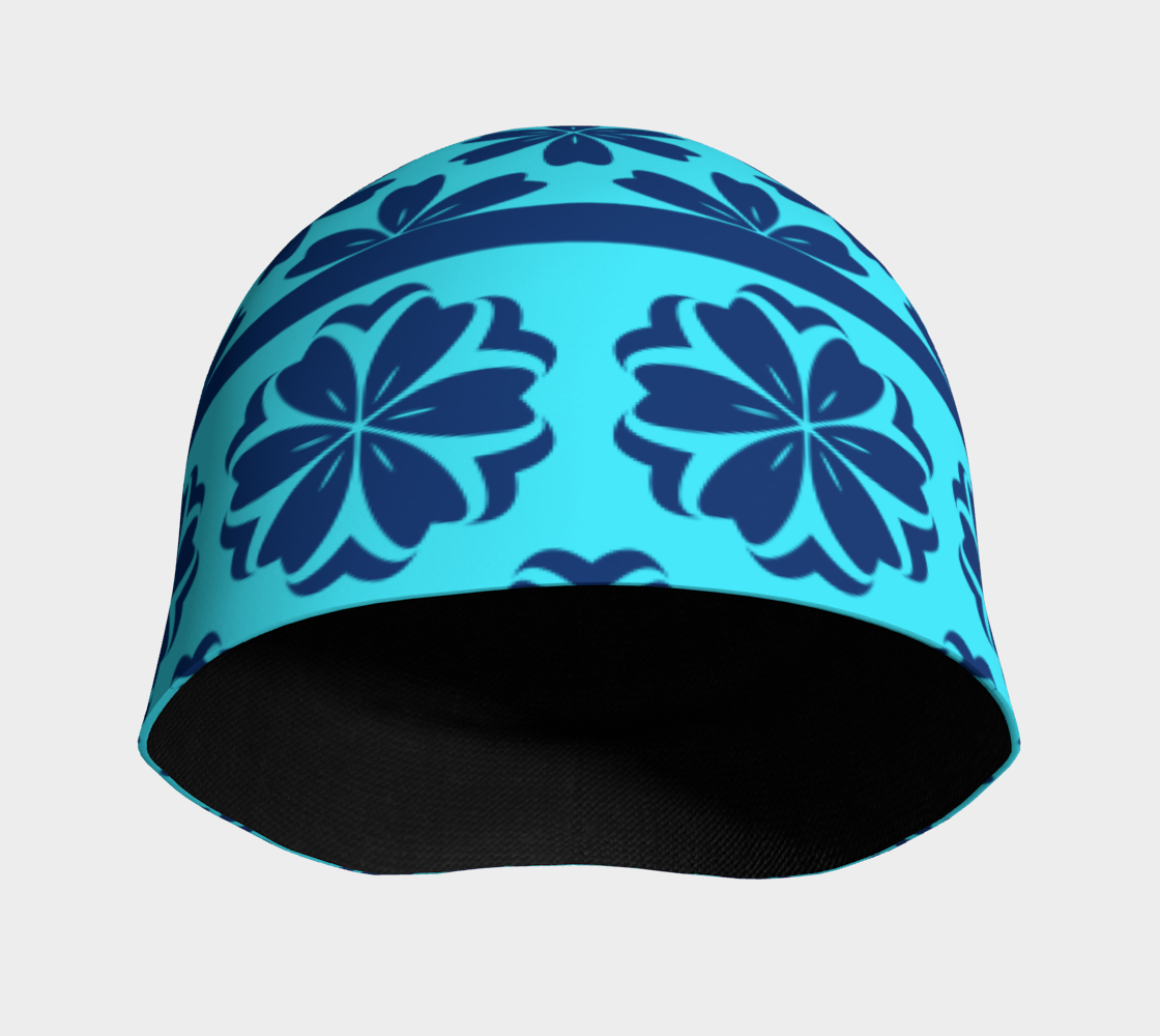 Japanese Style Floral Motif Kimono Pattern blue Beanie front side view