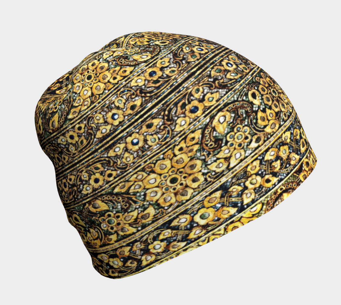 Antique Oriental Luxurious Glided Inlay floral Pattern  Beanie left side view