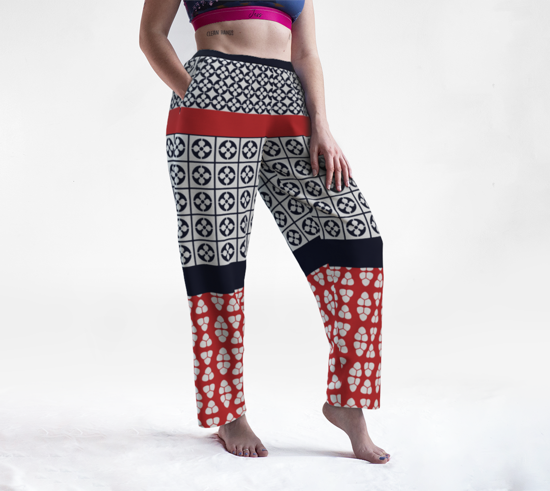 Japanese Style Ethnic Quilt Blue and Red Lounge Pants Front