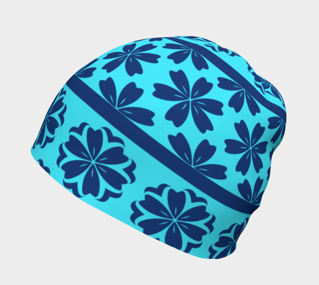 Japanese Style Floral Motif Kimono Pattern blue Beanie right side view