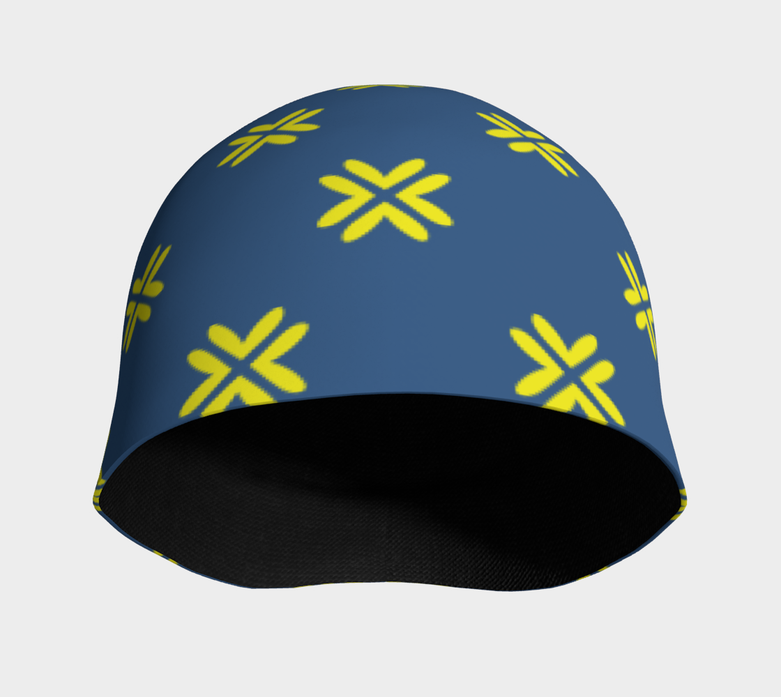 Minimal Elegant Modern Style Cross Pattern Blue Yellow Beany frontal view