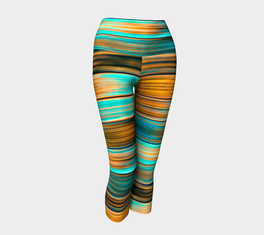 Silky Metal Ribbons Stripes Golden Turquoise Abstract Pattern Yoga Capris